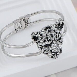 Neiman Marcus Rhinestone Black Enamel Jaguar Bangle Bracelet